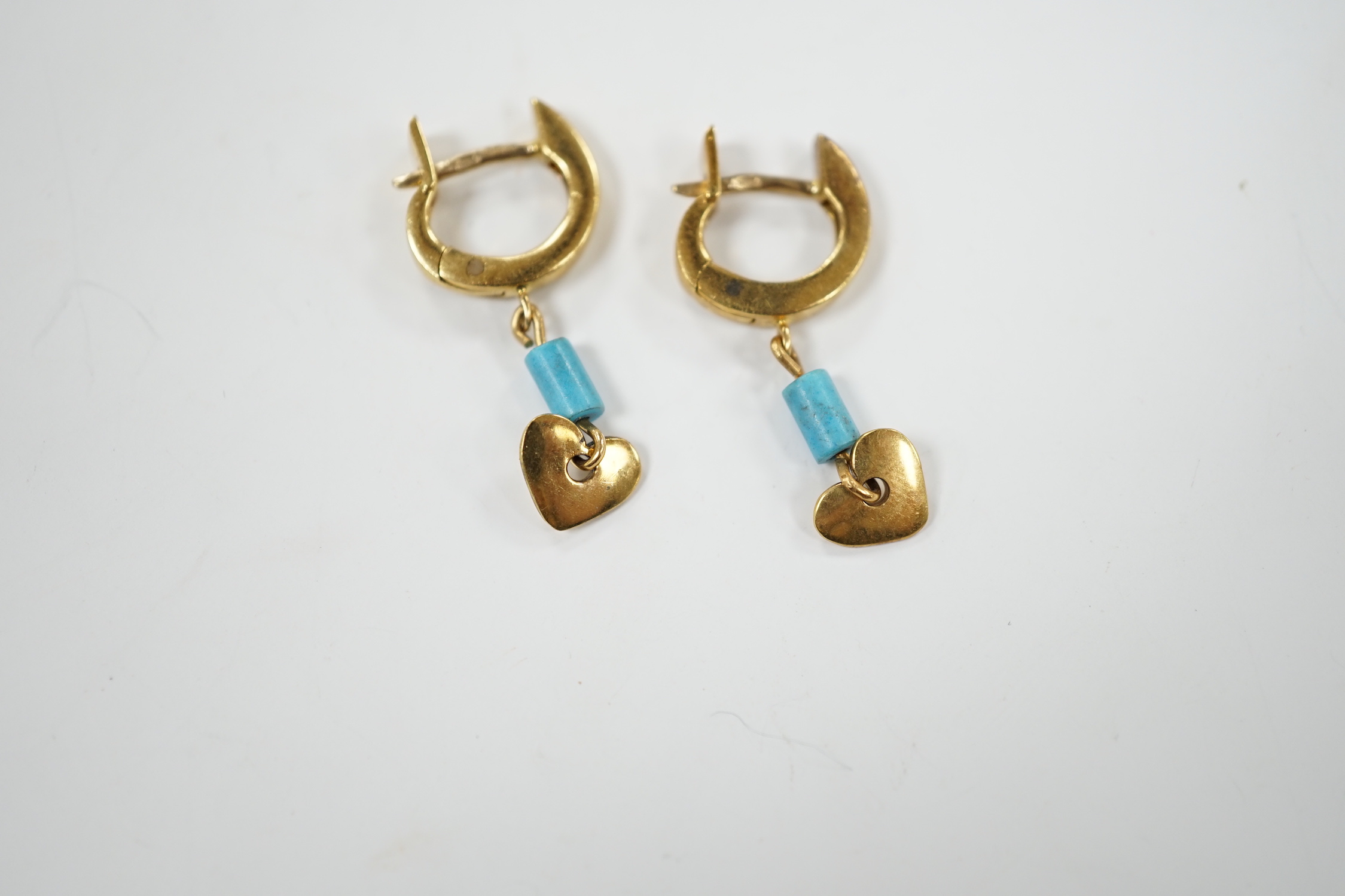 A modern pair of 18ct gold and turquoise? set heart drop earrings, drop 13mm, gross weight 4.2 grams.